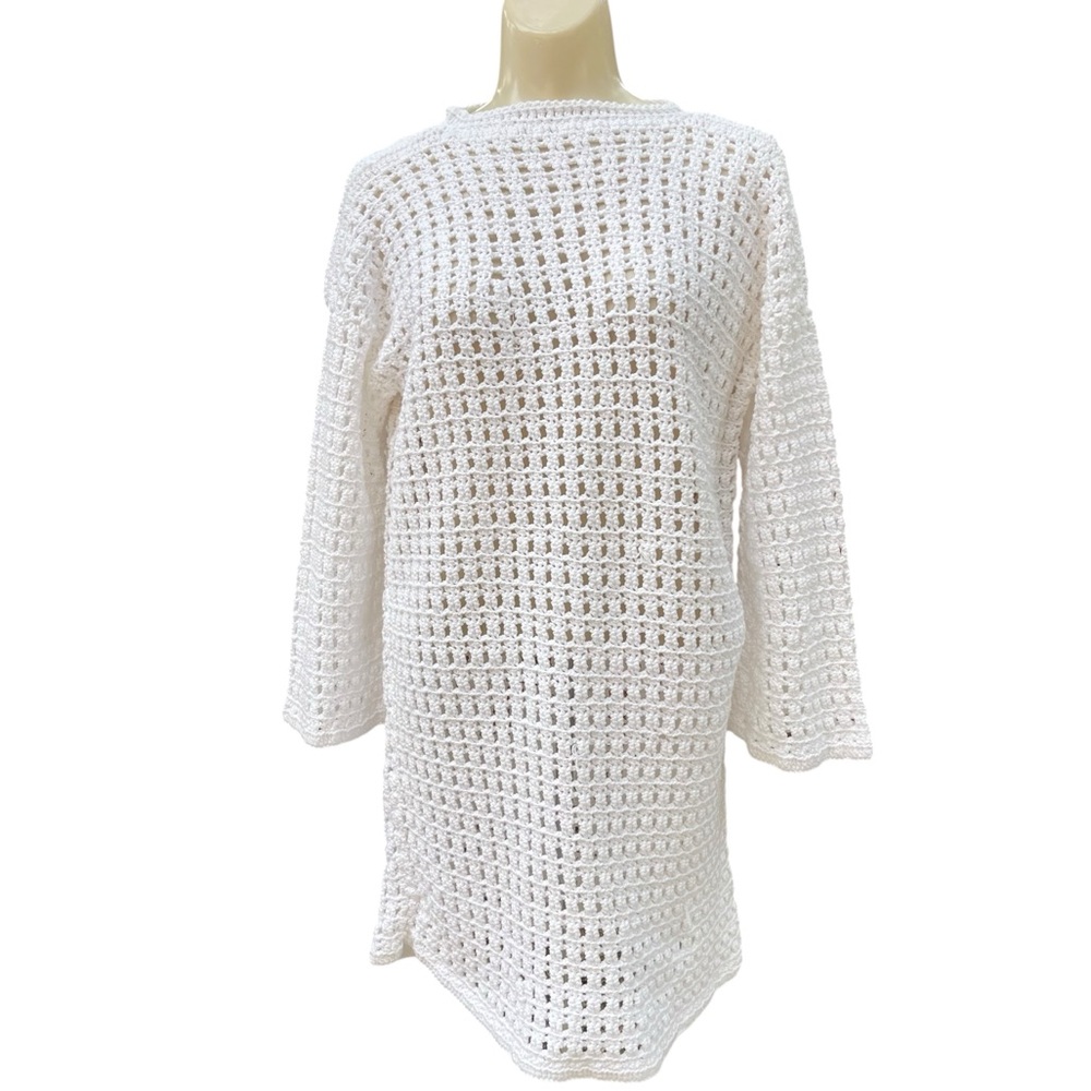 Chunky White Crochet Boat Neckline Bell Sleeve Tunic Pullover CoverUp Top